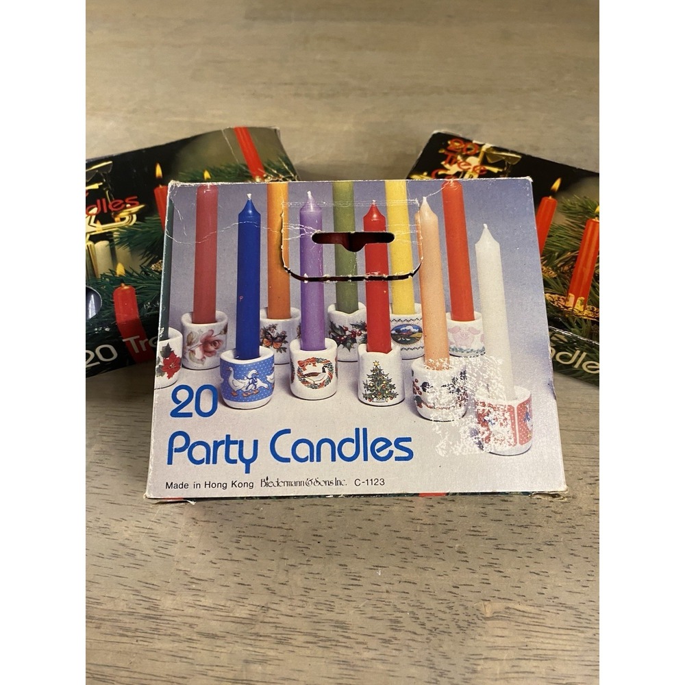 Vintage Tree And Party Christmas Candles, Set Of 3. Made In Hong Kong, With Box